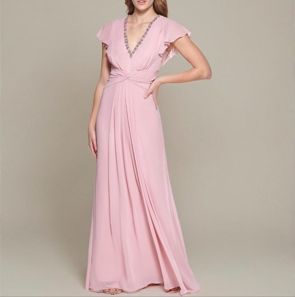 Eliza J Womens Gown Style Twist Waist Chiffon Flutter Sleeve Beaded Vneck Dress